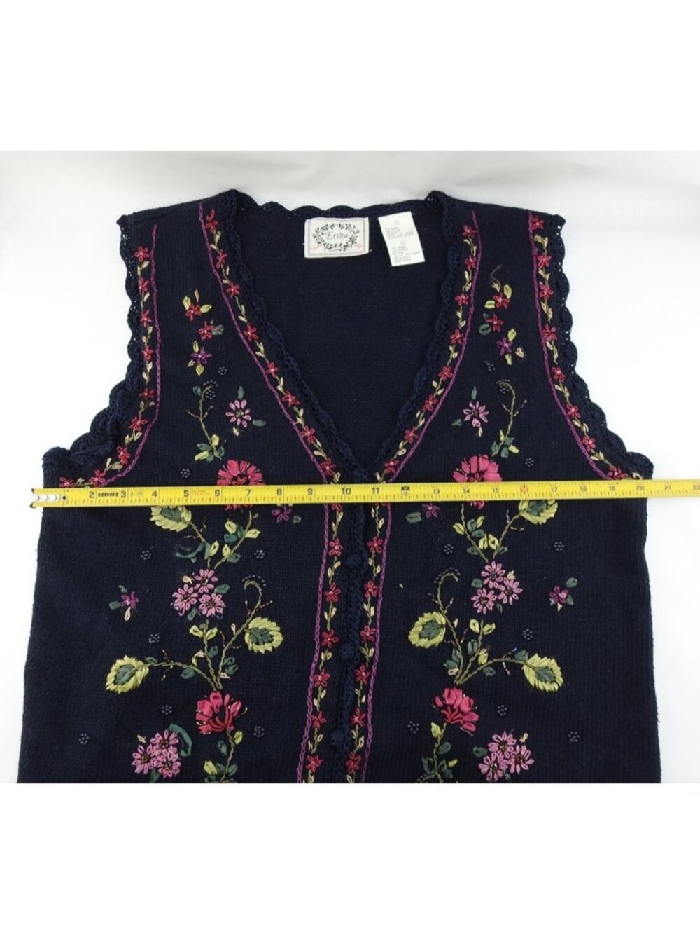 Vintage Erika Floral Embroidered Sweater Vest Navy Cottage Core Size L Pink - Picture 5 of 6